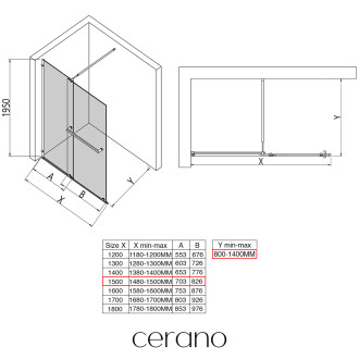 CERANO Sprchová zástěna Medin L/P černá mat, transparent sklo 150x195 dvoudílná pevná