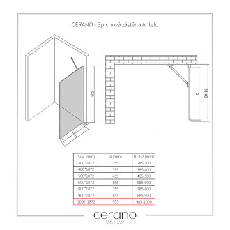 CERANO Sprchová zástěna Antelo L/P černá matná, transp.sklo 100x190 cm pevná CER-432451