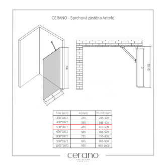 CERANO Sprchová zástěna Antelo L/P černá matná, transp.sklo 50x190 cm pevná CER-432460
