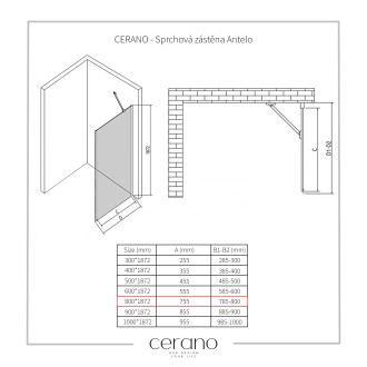 CERANO Sprchová zástěna Antelo L/P černá matná, transp.sklo 80x190 cm pevná CER-432445