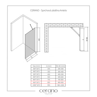 CERANO Sprchová zástěna Antelo L/P černá matná, transp.sklo 90x190 cm pevná CER-432448