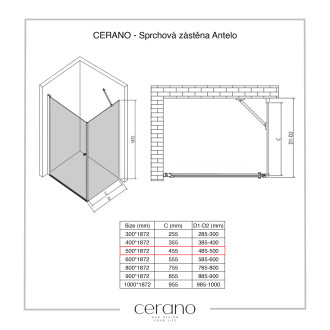 CERANO Sprchová zástěna Antelo L/P chrom, transp.sklo 50x190 cm jednodílná CER-432439