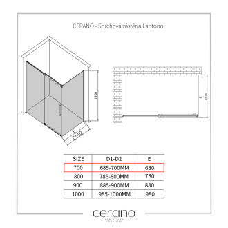 CERANO Sprchová zástěna Lantono L/P černá matná, transp.sklo 70x195 cm pevná CER-431878