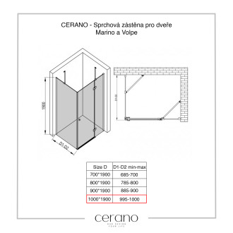 CERANO Sprchová zástěna pro dveře L/P černá matná, transp.sklo 100x190cm, pevná CER-420273