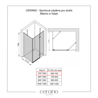 CERANO Sprchová zástěna pro dveře L/P černá matná, transp.sklo 70x190 cm, pevná CER-420264