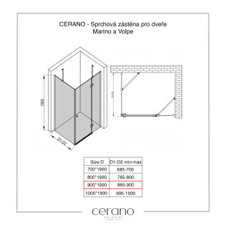 CERANO Sprchová zástěna pro dveře L/P černá matná, transp.sklo 90x190 cm, pevná CER-420270