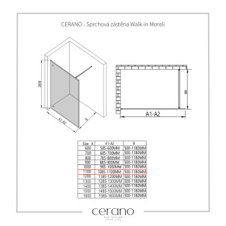 CERANO Sprchová zástěna Walk-in Moreli L/P černá matná, transp.sklo 110x200 cm CER-417617