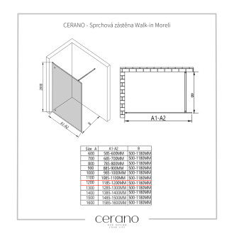 CERANO Sprchová zástěna Walk-in Moreli L/P černá matná, transp.sklo 120x200 cm CER-417620