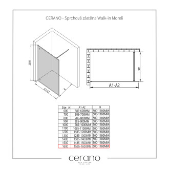CERANO Sprchová zástěna Walk-in Moreli L/P černá mat, transparent sklo 160x200