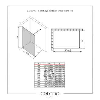 CERANO Sprchová zástěna Walk-in Moreli L/P černá matná, transp.sklo 60x200 cm CER-417596