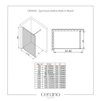 CERANO Sprchová zástěna Walk-in Moreli L/P černá matná, transp.sklo 70x200 cm CER-417602