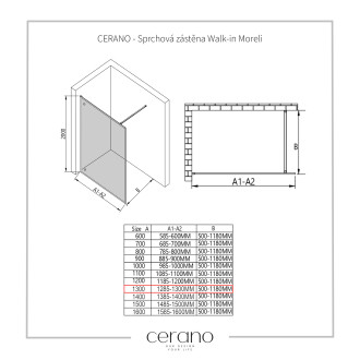 CERANO Sprchová zástěna Walk-in Moreli L/P +držák černá mat, transparent sklo 130x200