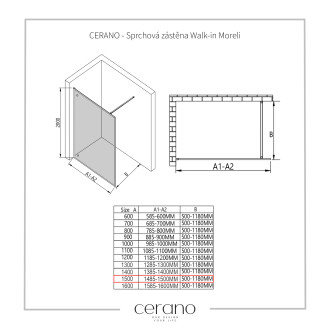 CERANO Sprchová zástěna Walk-in Moreli L/P +držák černá mat, transparent sklo 150x200