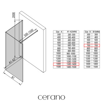 CERANO - Sprchová zástěna Walk-in Onyx Corner Cube L/P - 8 mm - hranatá vzpěra - černá matná, mléčné sklo - 140x70 cm