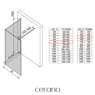 CERANO - Sprchová zástěna Walk-in Onyx Corner Cube L/P - 8 mm - hranatá vzpěra - černá matná, rýhované sklo - 70x50 cm
