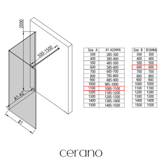 CERANO - Sprchová zástěna Walk-in Onyx Corner Cube L/P - 8 mm - hranatá vzpěra - černá matná, transparentní sklo - 110x60 cm