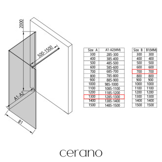 CERANO - Sprchová zástěna Walk-in Onyx Corner Cube L/P - 8 mm - hranatá vzpěra - černá matná, transparentní sklo - 130x70 cm