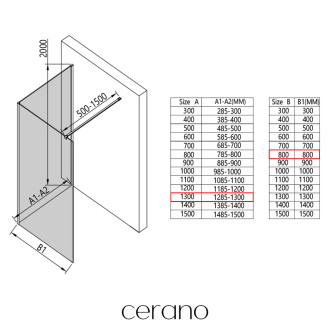 CERANO - Sprchová zástěna Walk-in Onyx Corner Cube L/P - 8 mm - hranatá vzpěra - černá matná, transparentní sklo - 130x80 cm