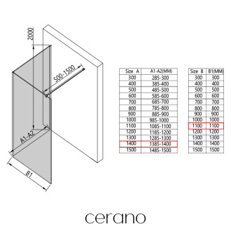 CERANO - Sprchová zástěna Walk-in Onyx Corner Cube L/P - 8 mm - hranatá vzpěra - černá matná, transparentní sklo - 140x110 cm