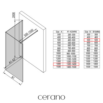 CERANO - Sprchová zástěna Walk-in Onyx Corner Cube L/P - 8 mm - hranatá vzpěra - černá matná, transparentní sklo - 140x50 cm