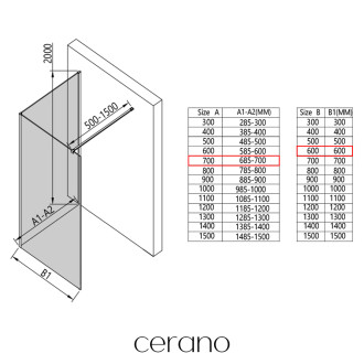 CERANO - Sprchová zástěna Walk-in Onyx Corner Cube L/P - 8 mm - hranatá vzpěra - černá matná, transparentní sklo - 70x60 cm