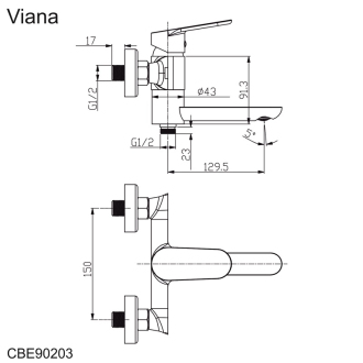 Mereo Viana vanová baterie nástěnná 150 mm se sklopným ramínkem, CBE90203