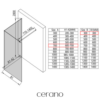 CERANO - Sprchová zástěna Walk-in Onyx Corner Round L/P - 8 mm - kulatá vzpěra - černá matná, transparentní sklo - 70x30 cm