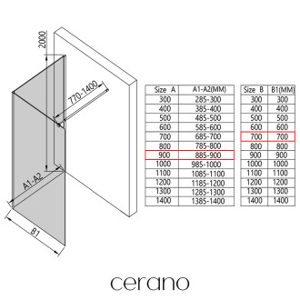 CERANO - Sprchová zástěna Walk-in Onyx Corner Round L/P - 8 mm - hranatá vzpěra - černá matná, transparentní sklo - 90x70 cm