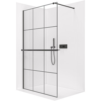 CERANO - Sprchová zástěna Walk-in Industro L/P + polička/držák na ručníky - hranatá vzpěra - 8 mm - černá matná/industriální sklo - 160x200 cm