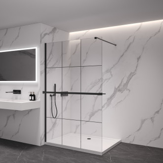 CERANO - Sprchová zástěna Walk-in Industro L/P + polička/držák na ručníky - hranatá vzpěra - 8 mm - černá matná/industriální sklo - 160x200 cm
