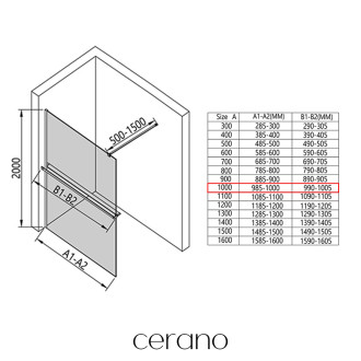 CERANO Sprchová zástěna Walk-in Onyx L/P držák  černá mat, transparent sklo 100x200