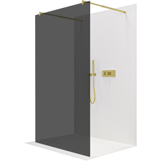 CERANO - Sprchová zástěna Walk-in Onyx Duo L/P - kulatá vzpěra - zlatá kartáčovaná, grafitové sklo - 140x200 cm