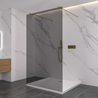 CERANO - Sprchová zástěna Walk-in Onyx Duo L/P - kulatá vzpěra - zlatá kartáčovaná, grafitové sklo - 140x200 cm