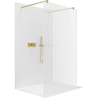CERANO - Sprchová zástěna Walk-in Onyx Duo L/P - kulatá vzpěra - zlatá kartáčovaná, rýhované sklo - 60x200 cm