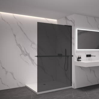 CERANO - Sprchová zástěna Walk-in Onyx L/P - polička/držák na ručníky - L-pravá vzpěra - černá matná, grafitové sklo - 50x200 cm