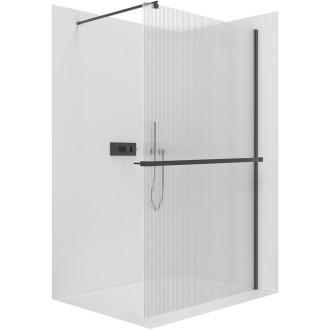 CERANO - Sprchová zástěna Walk-in Onyx L/P + polička/držák na ručníky - kulatá vzpěra - černá matná, rýhované sklo - 60x200 cm