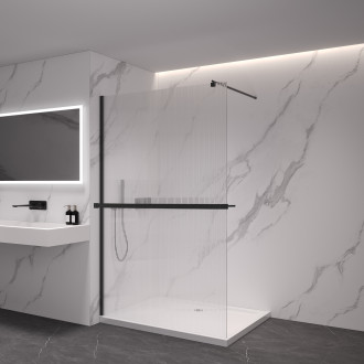 CERANO - Sprchová zástěna Walk-in Onyx L/P + polička/držák na ručníky - kulatá vzpěra - černá matná, rýhované sklo - 60x200 cm