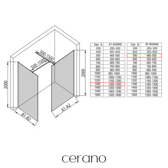 CERANO - Sprchová zástěna Walk-in Onyx T L/P - hranatá vzpěra - černá matná, rýhované sklo - 130x50 cm