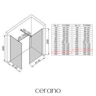 CERANO - Sprchová zástěna Walk-in Onyx T L/P - hranatá vzpěra - černá matná, rýhované sklo - 150x140 cm