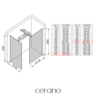 CERANO - Sprchová zástěna Walk-in Onyx T L/P - hranatá vzpěra - černá matná, transparentní sklo - 160x100 cm