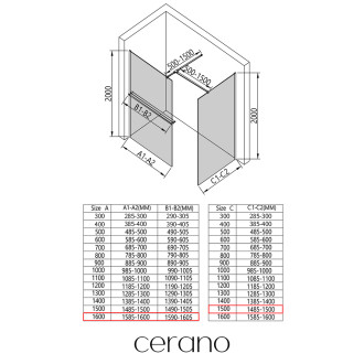 CERANO Sprchová zástěna Walk-in Onyx T L/P +držák černá mat, grafitové sklo 160x150