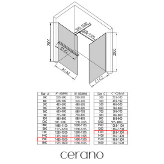 CERANO Sprchová zástěna Walk-in Onyx T L/P +držák černá mat, industriální sklo- 150x130