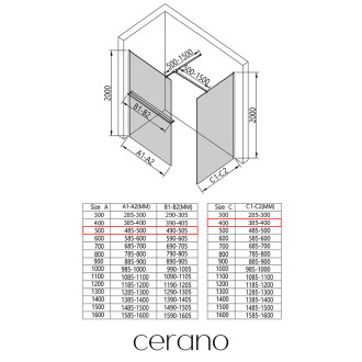 CERANO - Sprchová zástěna Walk-in Onyx T L/P - 8 mm - kulatá vzpěra + polička/držák na ručníky - černá matná, mléčné sklo - 50x40 cm