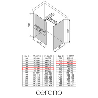 CERANO Sprchová zástěna Walk-in Onyx T L/P +držák černá mat, mléčné sklo 80x50
