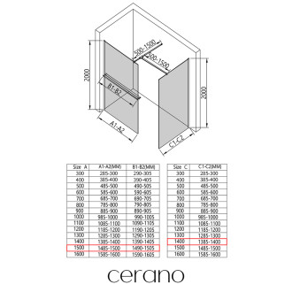 CERANO Sprchová zástěna Walk-in Onyx T L/P +držák černá mat, rýhované sklo 150x140