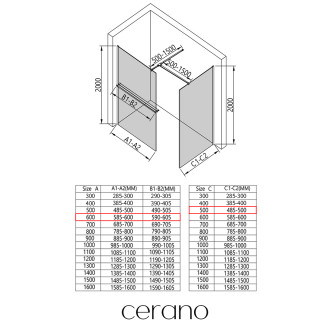 CERANO Sprchová zástěna Walk-in Onyx T L/P +držák černá mat, rýhované sklo 60x50