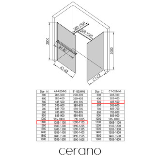 CERANO Sprchová zástěna Walk-in Onyx T L/P +držák černá mat, transparent sklo 110x50