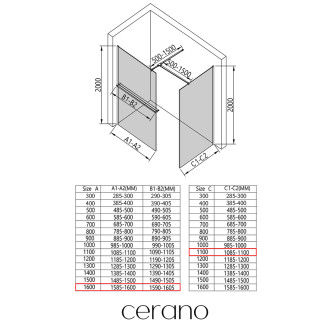 CERANO Sprchová zástěna Walk-in Onyx T L/P +držák černá mat, transparent sklo 160x110