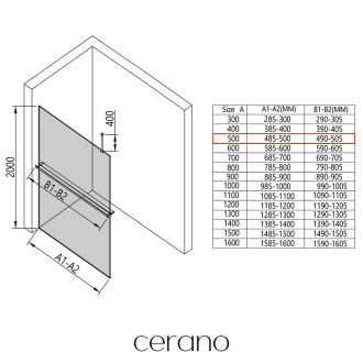 CERANO - Sprchová zástěna Walk-in Onyx Top L/P - polička/držák na ručníky - černá matná, transparentní sklo - 50x200 cm