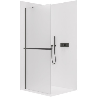CERANO - Sprchová zástěna Walk-in Onyx Y L/P - 8 mm - kulatá vzpěra + polička/držák na ručníky - černá matná, mléčné sklo - 30x200 cm